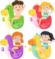 niño y niña felices en traje de baño junto a un dinosaurio inflable vector