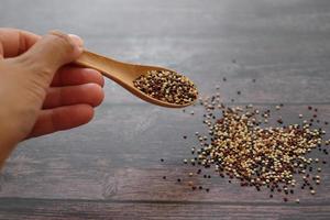 cierre la mano sosteniendo la cuchara de madera con semillas de quinua sobre el fondo de la mesa de madera. la quinua es una buena fuente de proteínas para las personas que siguen una dieta basada en plantas.
