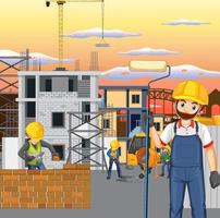 Building construction site with workers vector