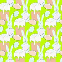 Seamless pattern with Easter illustration with bunny, Easter cake and egg on green background vector