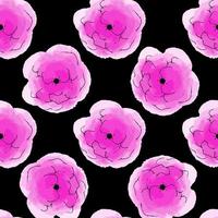 Vector illustration seamless pattern watercolor pink flowers on black background