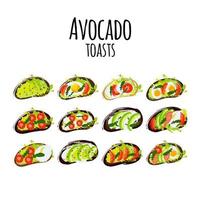 conjunto de ilustraciones tostadas de aguacate con diferentes tipos vector