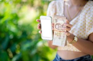 Close-up photos and bank cards used for business and currency exchange purchases. Hand and money concept