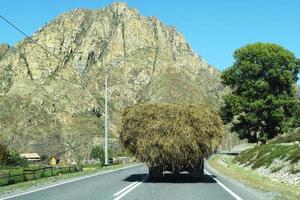 a large truck is carrying hay on a sunny day photo