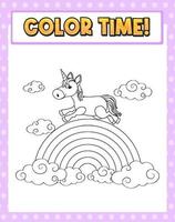 plantilla de hojas de trabajo con texto de tiempo de color y arco iris con contorno de unicornio vector