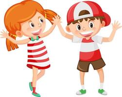 Cheerful boy and girl in greeting gesture vector