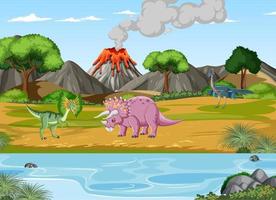 fondo de bosque prehistórico con dibujos animados de dinosaurios vector