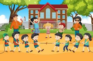 Children playing pulling rope together vector