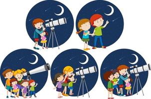 Set of different kids looking through telescope at night vector