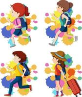 Set of girls and boy with backpack running vector