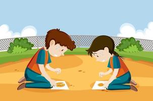 Children playing scratch dalgona cookie at the park vector