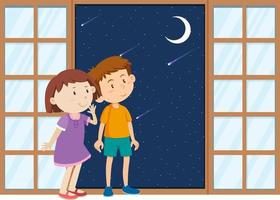 dos niños parados en la ventana y mirando la luna vector