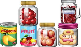 frutas enlatadas y snack en frascos vector