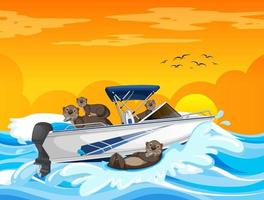 Ocean scene with group of beavers on speedboat vector