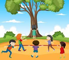 Outdoor scene with children playing game red light green light vector