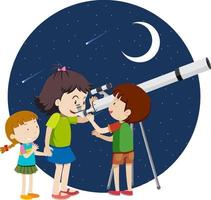 niños felices observan el cielo nocturno con telescopio vector