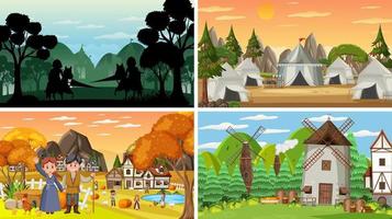 Set of different scene medieval with silhouette vector