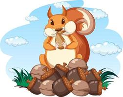 Fat squirrel and big pile of nuts vector