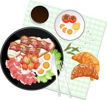 Top view food set, croissant and placemat on white background