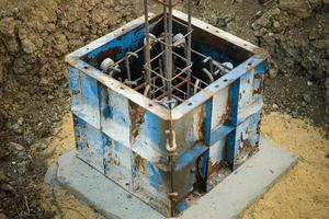 Construction of reinforced concrete foundation with piles to support building weight photo