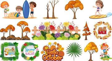 Set of four seasons trees and nature objects vector