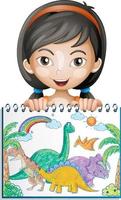 Coloured hand drawn dinosaurs on paper with a girl cartoon character vector