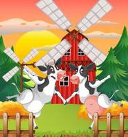 Outdoor cow farm scene with happy animals vector