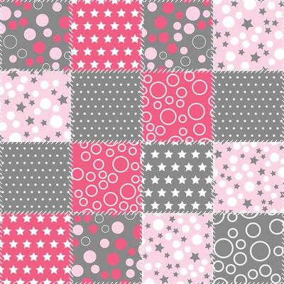 Background patchwork pattern with geometric ornaments. Quilt design from stitched squares.