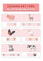 Fill the missing letter of each word worksheet for children vector