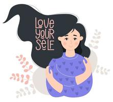 Love yourself. Pretty woman with hairstyle hugging herself. Concept Love yourself and find time for yourself and care. Vector illustration. Cute character in flat style for decoration and design