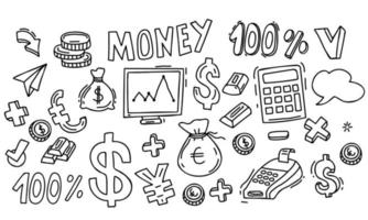 Big set of money drawings. Banknotes and bills, money and coins, cash, money bag and wallet, terminal in linear hand doodle style. Vector illustration. Isolated outline elements for design and decor