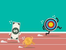 Money run against target. Goal is money. Achieve is running out. Dartboard race with cash. Strategy running away from banknote and coin. business, financial, strategy, deadline competition concept vector