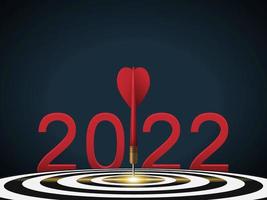Red dart hit to center of dartboard between number. 2022 New Year with 3d target and goals. Arrow on bullseye in target for new year 2022. Business success, strategy, achievement, purpose concept vector