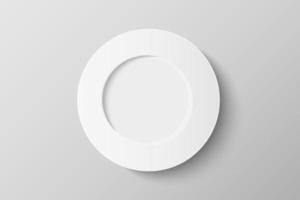 3d top view of white ceramic plate mockup isolated on background. Flat lay of dish with copy space. Realistic vector illustration.