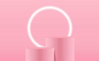 Realistic pink pastel long product podium 2 step scene isolated with round neon light on white background. Cylinder mock up scene. Geometric round shape for product branding. 3d vector illustration