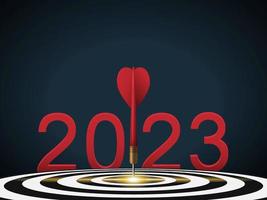 Red dart hit to center of dartboard between number. 2023 New Year with 3d target and goals. Arrow on bullseye in target for new year 2022. Business success, strategy, achievement, purpose concept vector