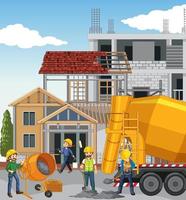 sitio de construcción de casas con dibujos animados de trabajadores vector