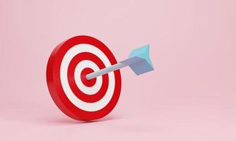 3d render, 3d illustration. Arrow hit the center of target or goal of success. Business target achievement, minimal concept. photo