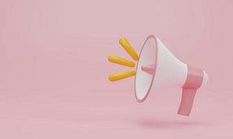 3d render 3d illustration. Megaphone, loudspeaker on pink pastel background. Modern flat cartoon style minimal. Announcement concept photo