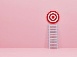 representación 3d, ilustración 3d. escalera al objetivo sobre fondo de color rosa pastel claro. concepto de logro de objetivos de negocio. foto