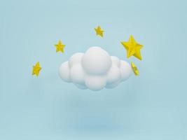 representación 3d, ilustración 3d. estrellas amarillas y nubes blancas sobre fondo azul. concepto mínimo moderno. foto