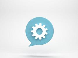 3D rendering, 3D illustration. Gear icon in chat speech bubble isolated on white background. Gear simple icon cogwheel and talk concept. photo