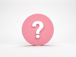 3D rendering, 3D illustration. Question mark icon in pink circle isolated on white background. FAQ sign. photo