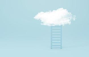 3d rendering, 3d illustration. white fluffy cloud above the ladder on blue background. Minimal composition concept. photo