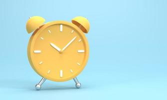 3D render, 3D illustration. Vintage circle yellow clock icon. Simple twin bell alarm clock on blue background. Minimal creative concept.