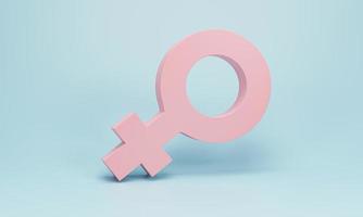 representación 3d, ilustración 3d. signo de género femenino rosa, símbolo sexual de mujer sobre fondo azul pastel. concepto de elemento de diseño minimalista moderno. foto