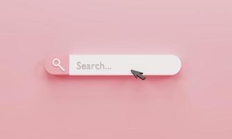 3d render 3d illustration. Minimal search bar element with arrow cursor on light pink background. Searching for website, cartoon style concept. photo