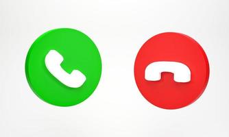 representación 3d, ilustración 3d. icono de llamada telefónica aislado sobre fondo blanco. iconos de teléfono en verde aceptar y rojo rechazar llamada entrante foto