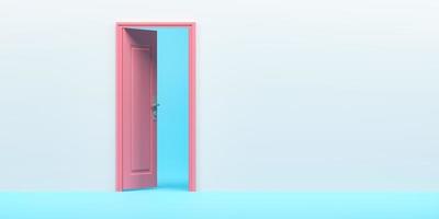 representación 3d, ilustración 3d. entrada abierta de la puerta rosa en la habitación de fondo azul. idea interior mínima creativa. foto