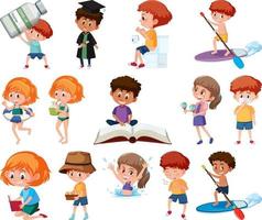 Set of children doing different activities on white background vector
